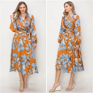 Floral Wrap Dress in Orange and Blue